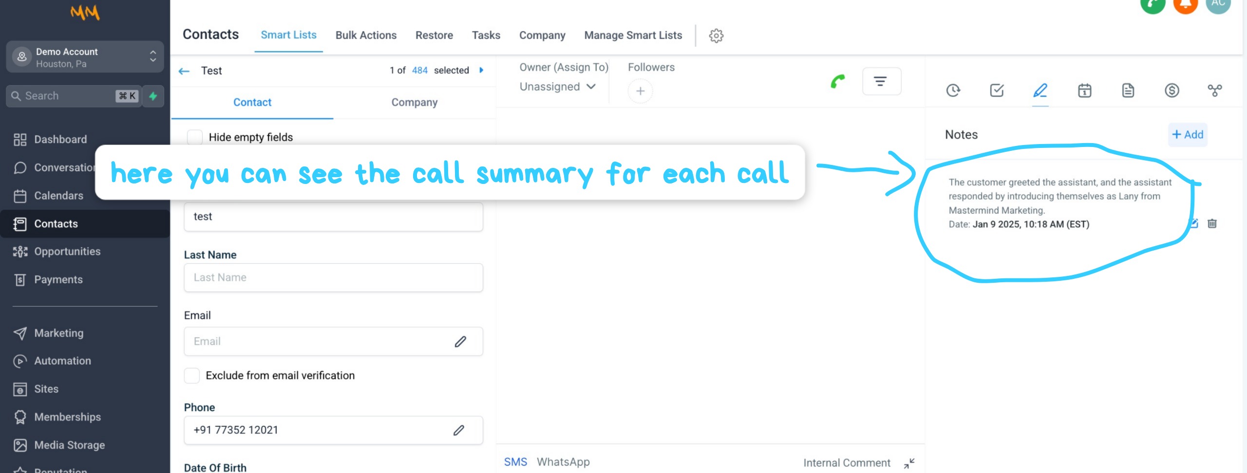 Call Summary in Contact Notes